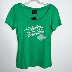 Harley Davidson Shirt Top Women Medium Rhinestone Studded Green Short Sleeve B12